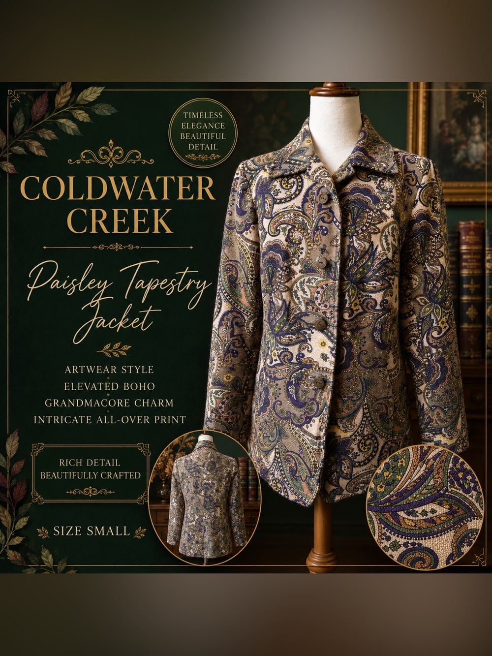 Coldwater Creek Paisley Tapestry Cotton Jacket Vintage Boho Grandma Core